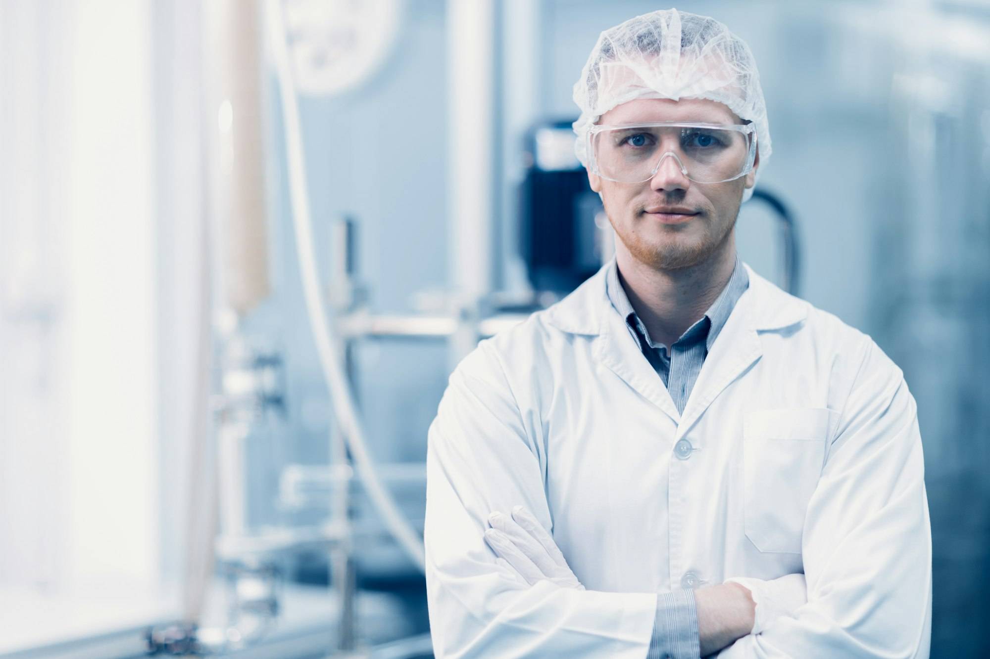 portrait male scientist worker medicine factory research laboratory plant technician in hygiene